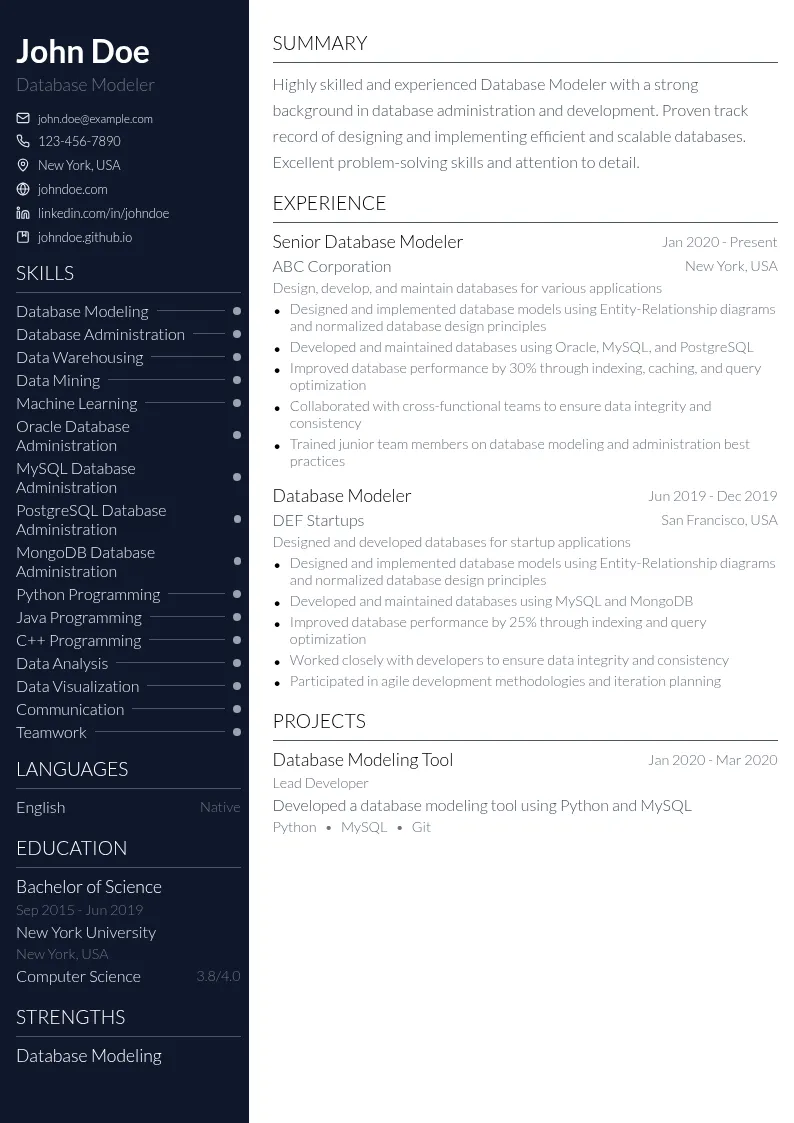 Database Modeler resume example