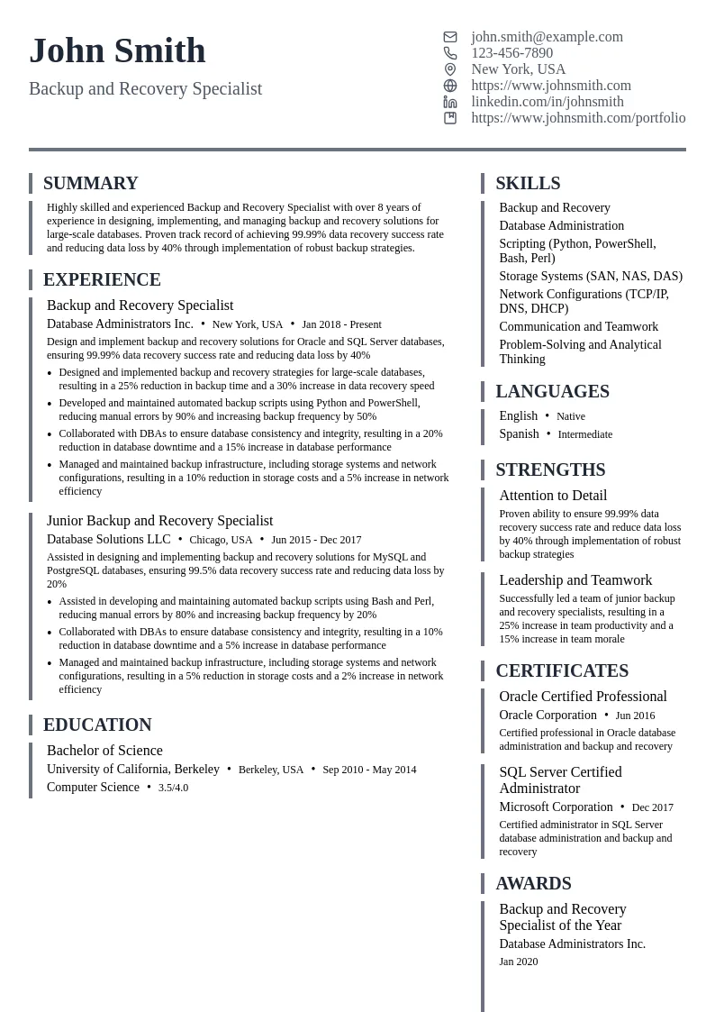 Backup and Recovery Specialist resume example