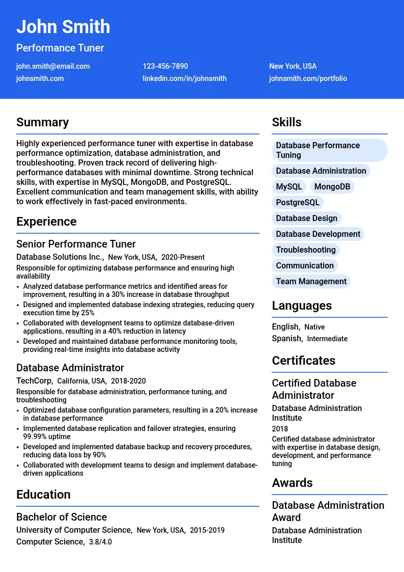 Performance Tuner resume example