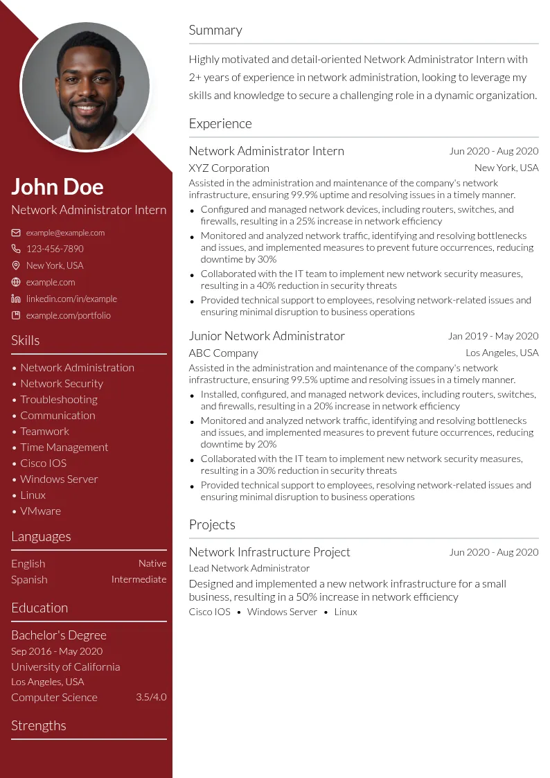 Network Administrator Intern resume example