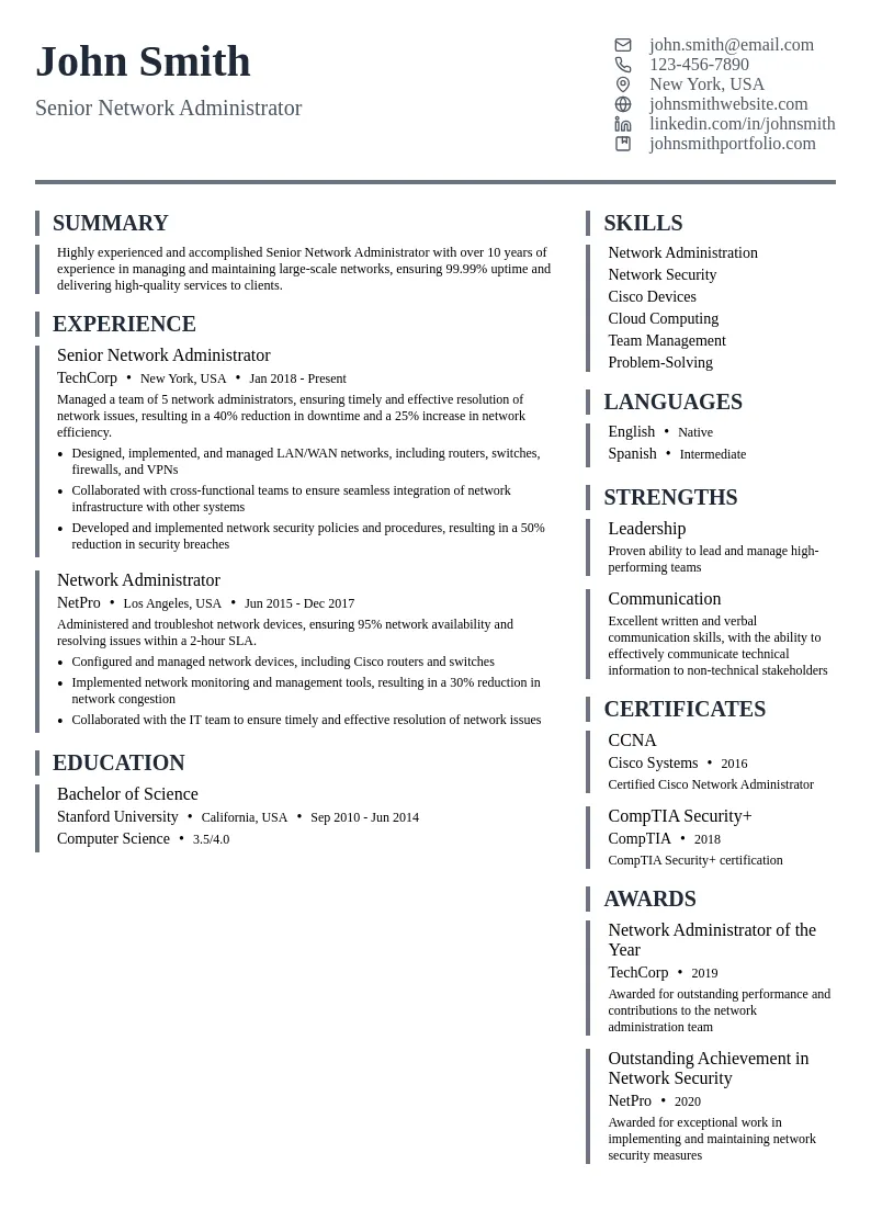 Senior Network Administrator resume example