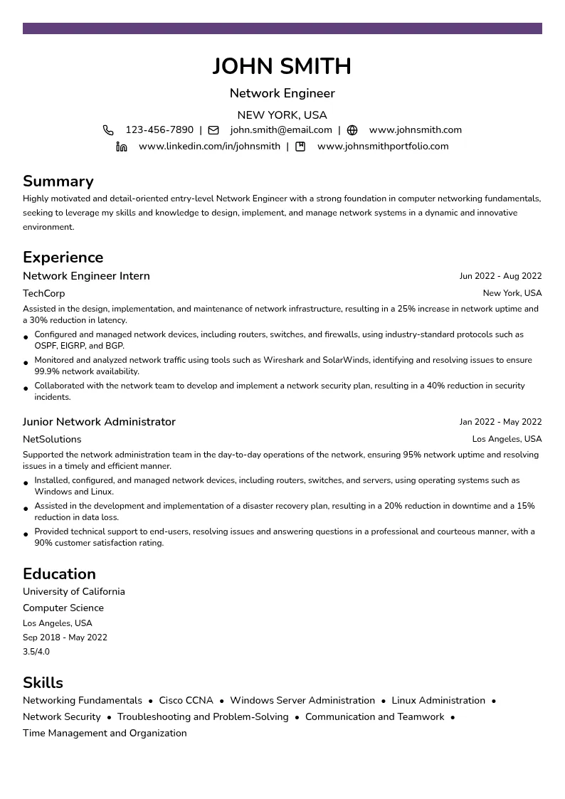 Network Engineer (entry level) resume example