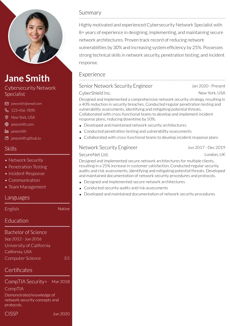 Cybersecurity Network Specialist resume example