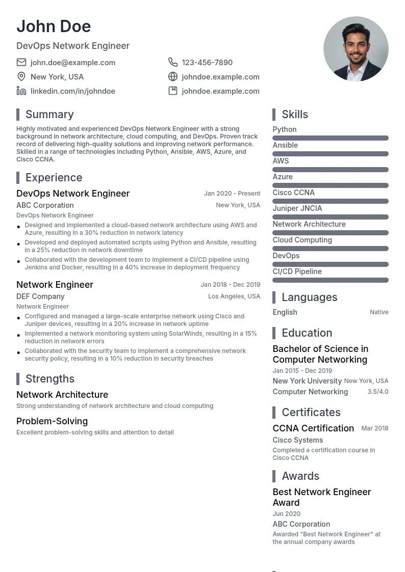 DevOps Network Engineer resume example