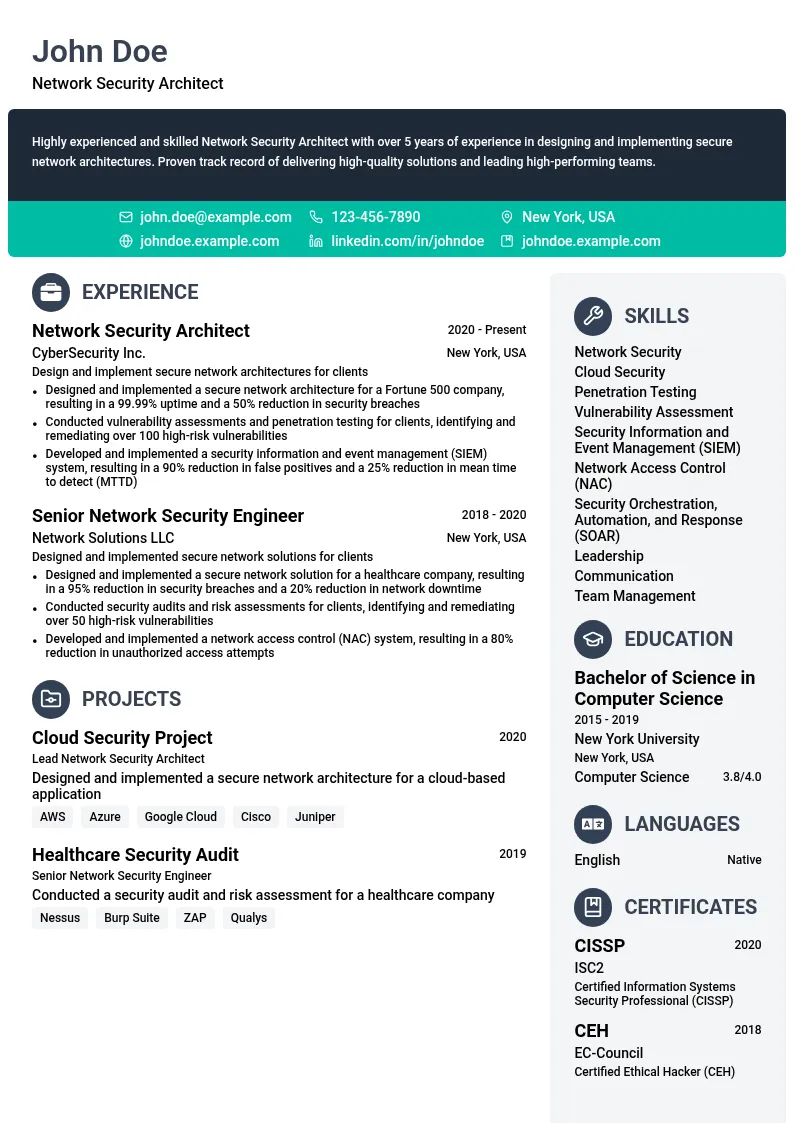 Network Security Architect resume example