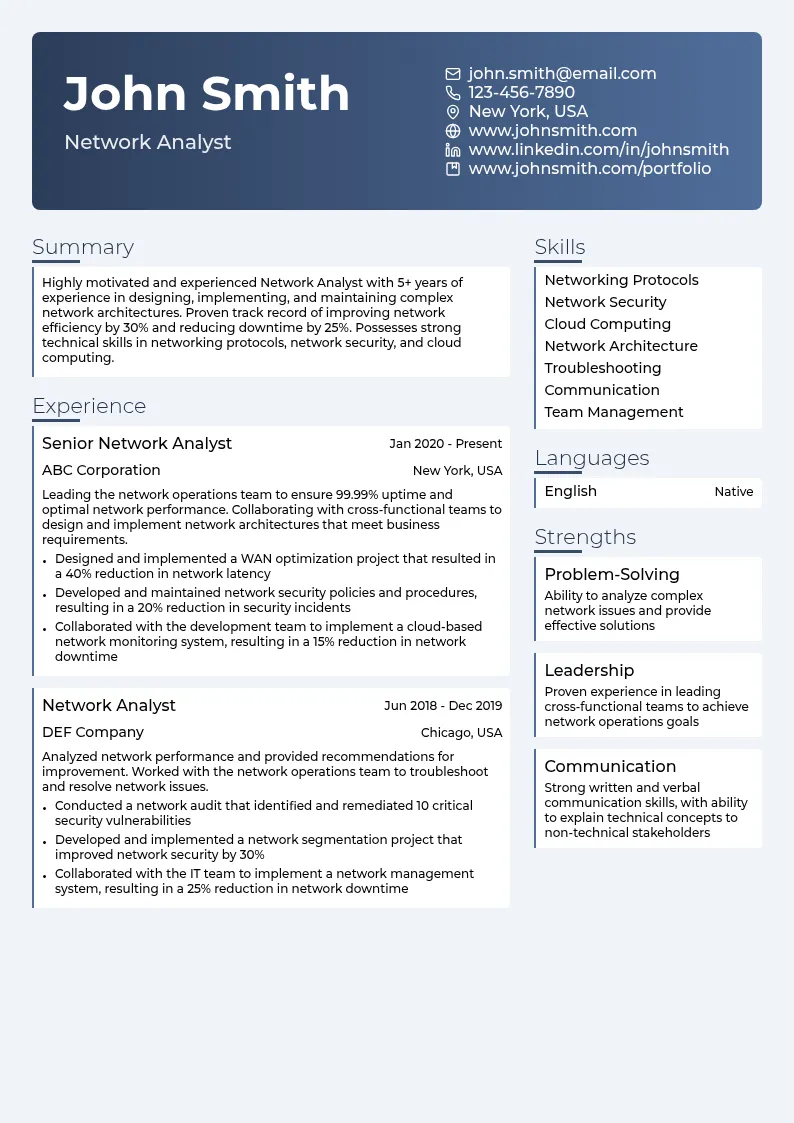 Network Analyst resume example