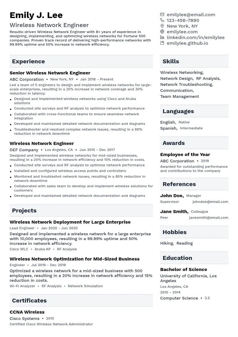 Wireless Network Engineer resume example