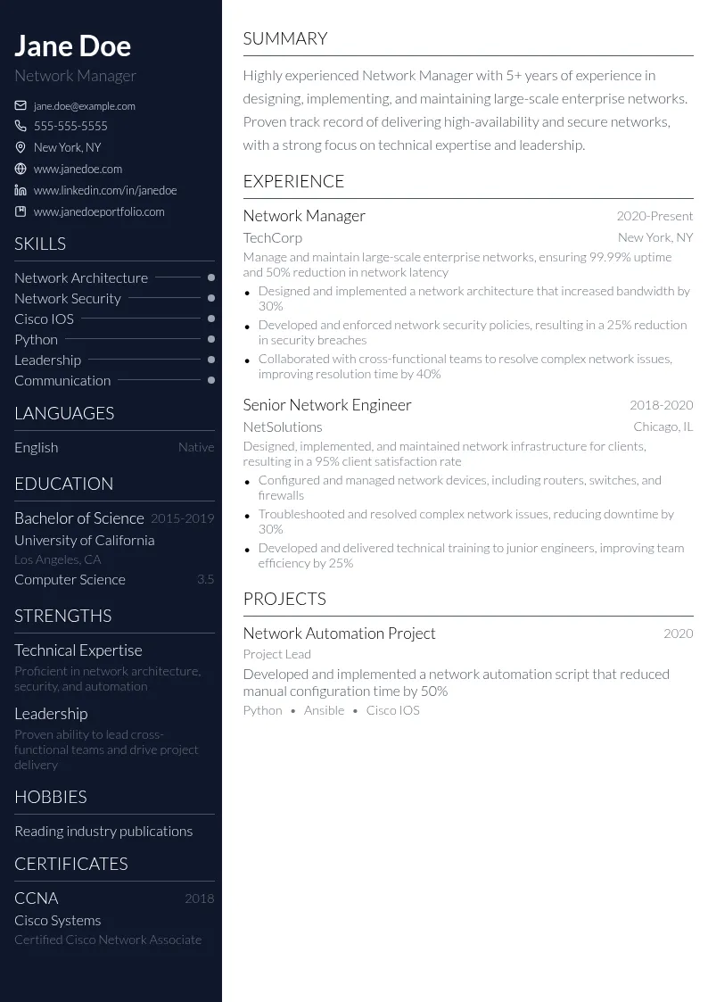 Network Manager resume example