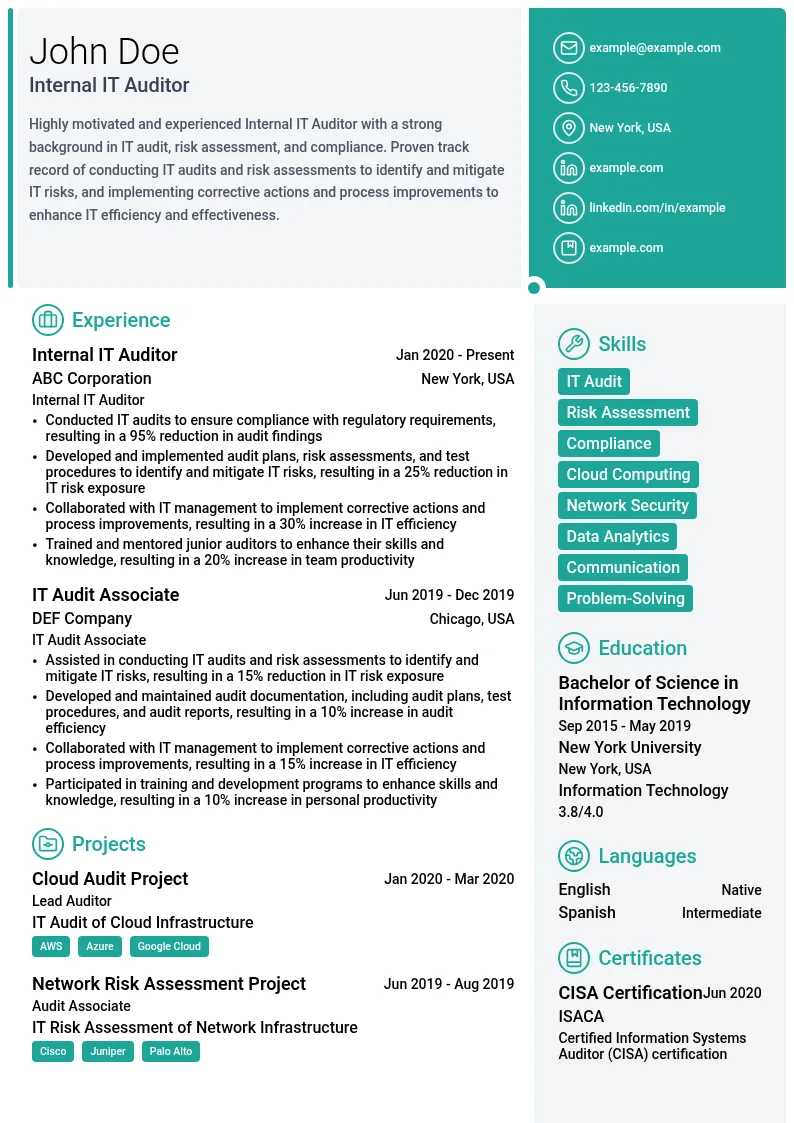Internal IT Auditor resume example