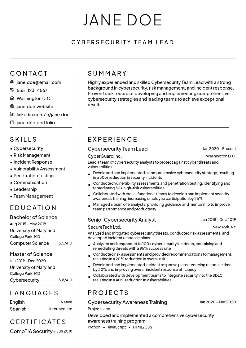Cybersecurity Team Lead resume example