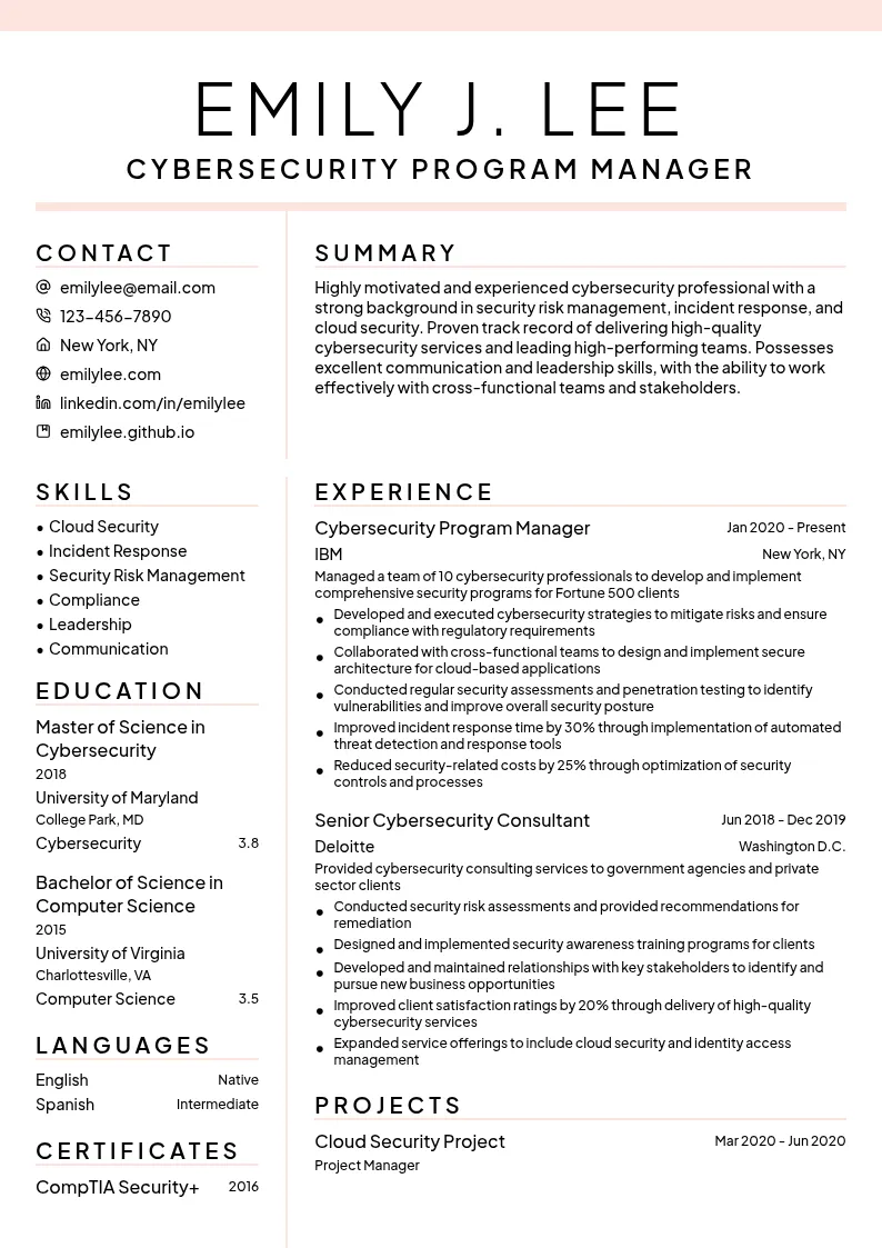 Cybersecurity Program Manager resume example
