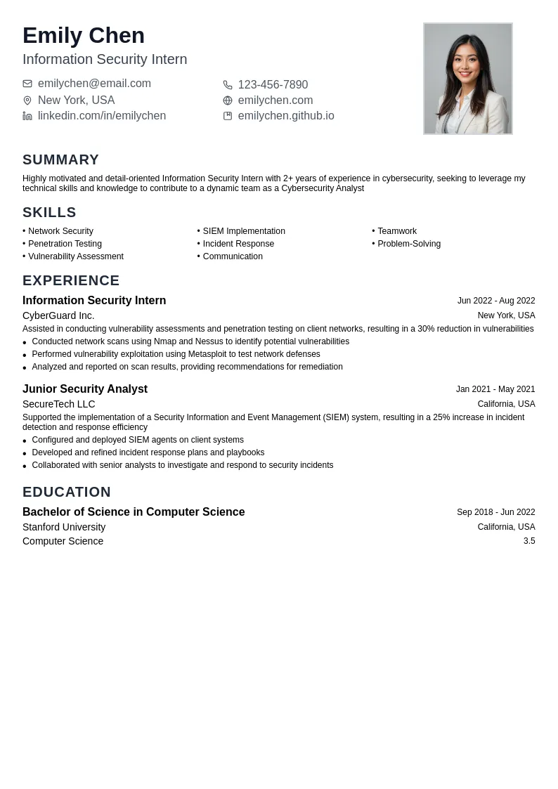 Information Security Intern resume example