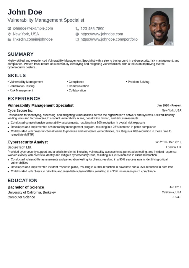 Vulnerability Management Specialist resume example