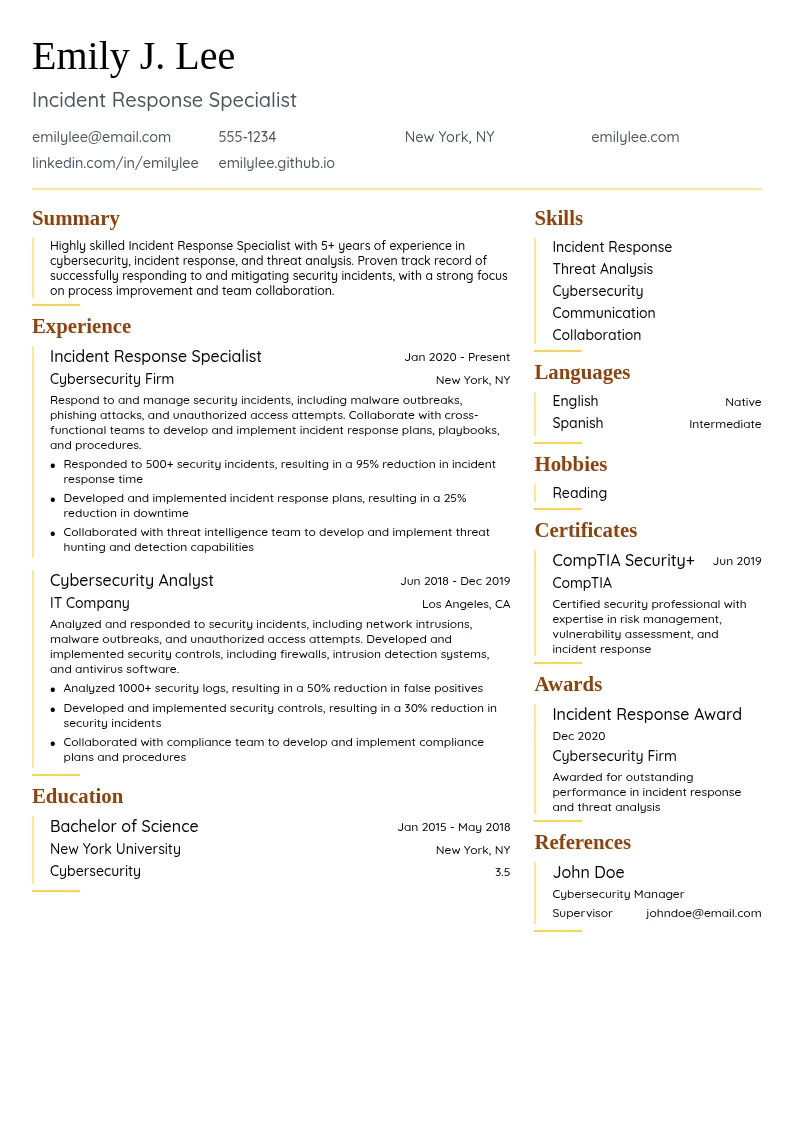  Incident Response Specialist resume example
