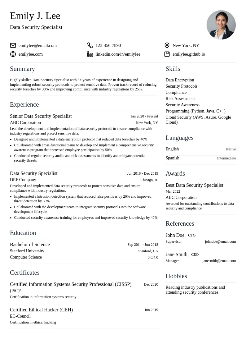 Data Security Specialist resume example