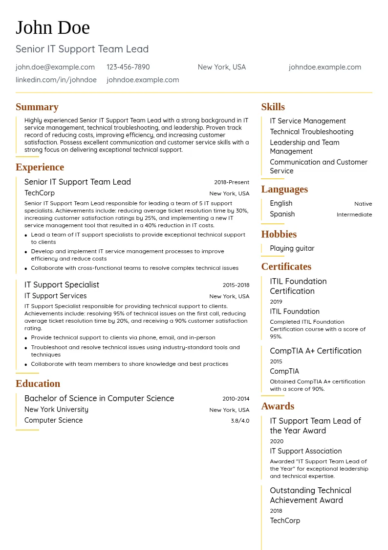 Senior IT Support Team Lead resume example