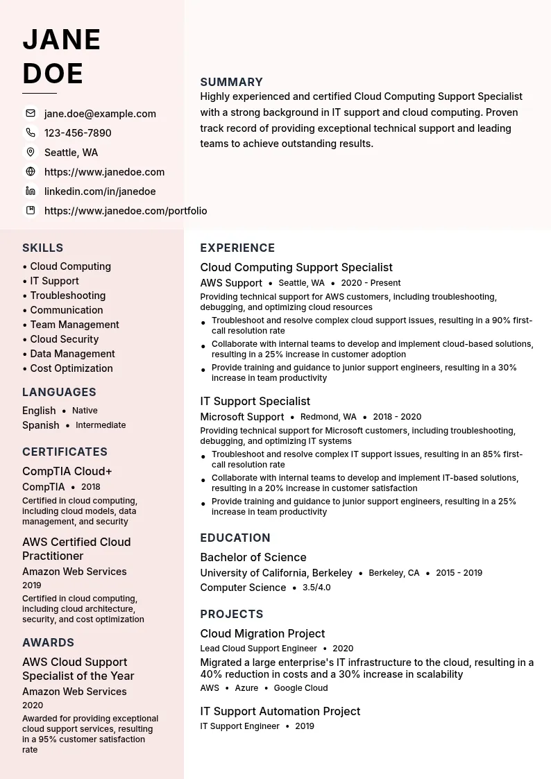 Cloud Computing Support Specialist resume example