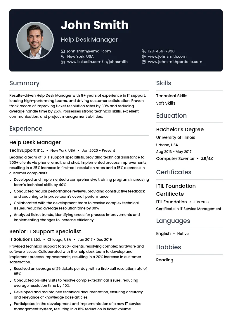 Help Desk Manager resume example