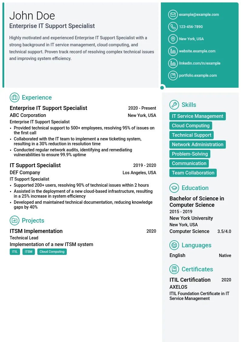 Enterprise IT Support Specialist resume example