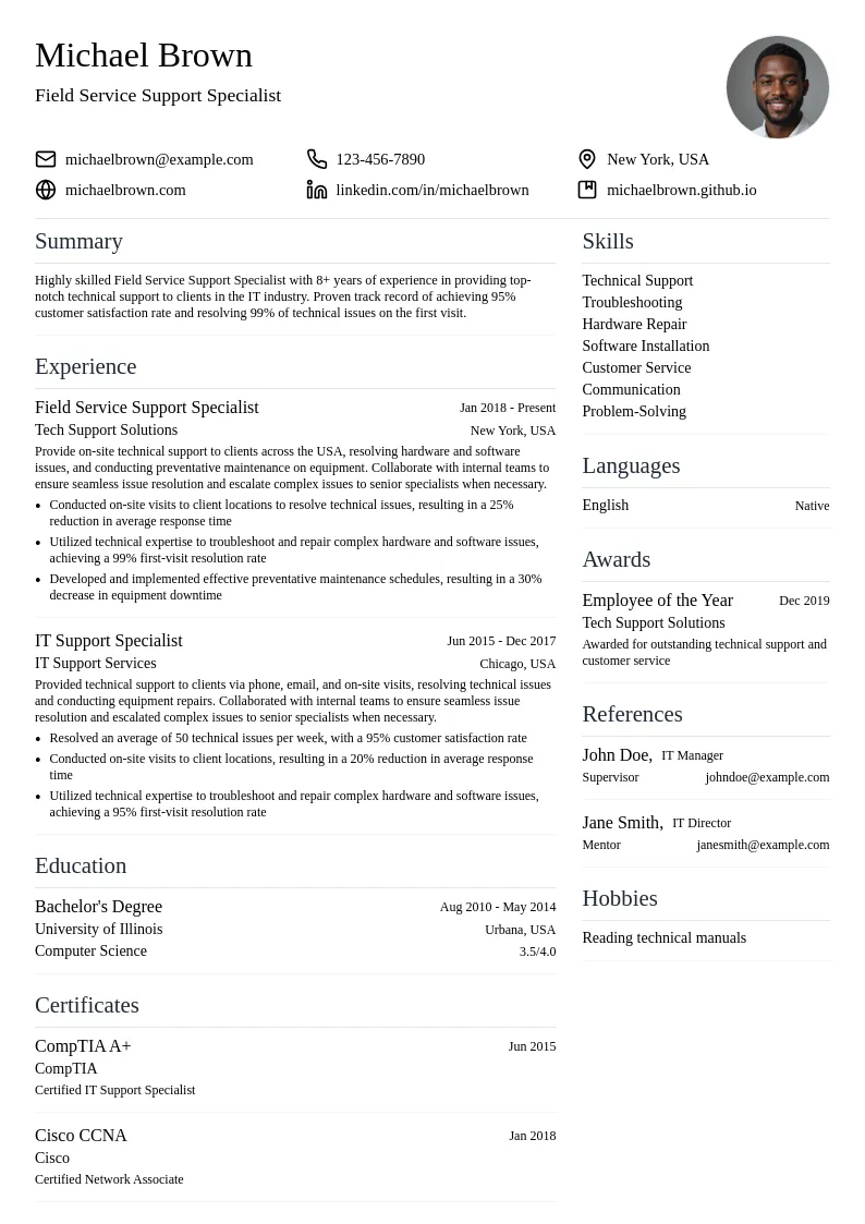 Field Service Support Specialist resume example