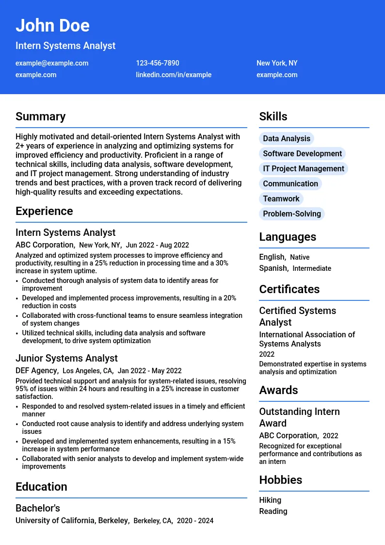 Intern Systems Analyst resume example