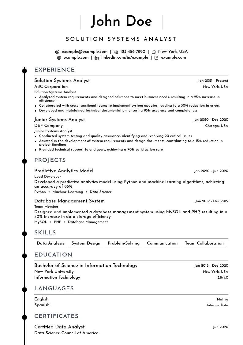 Solution Systems Analyst resume example