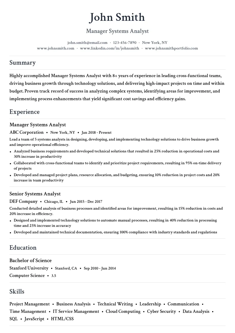Manager Systems Analyst resume example