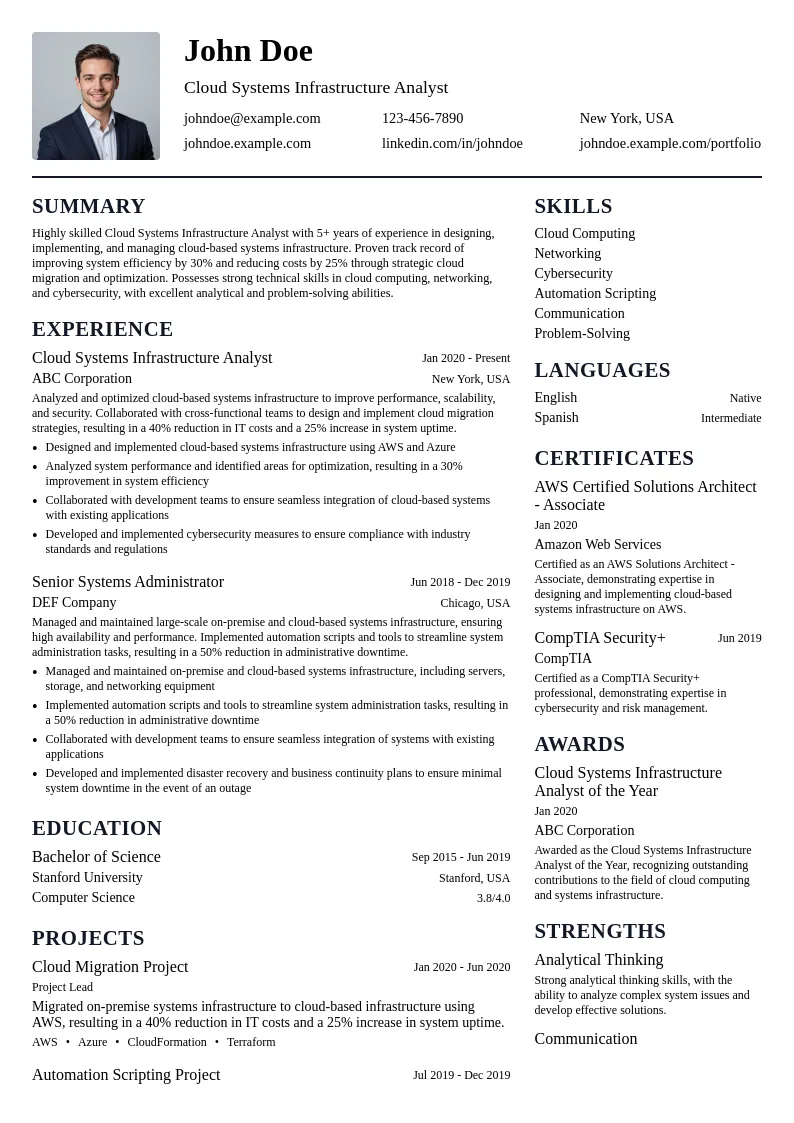 Cloud Systems Infrastructure Analyst resume example