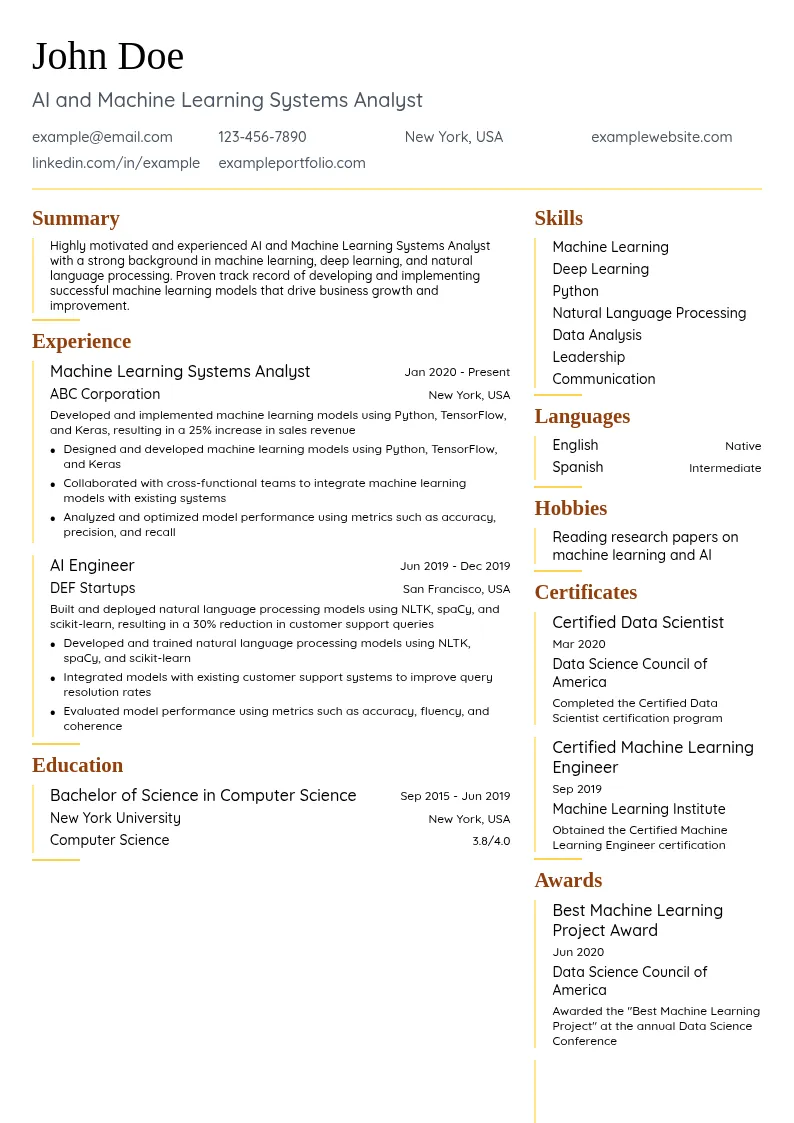 AI and Machine Learning Systems Analyst resume example