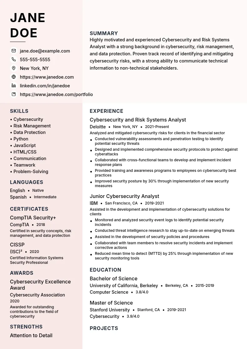 Cybersecurity and Risk Systems Analyst resume example