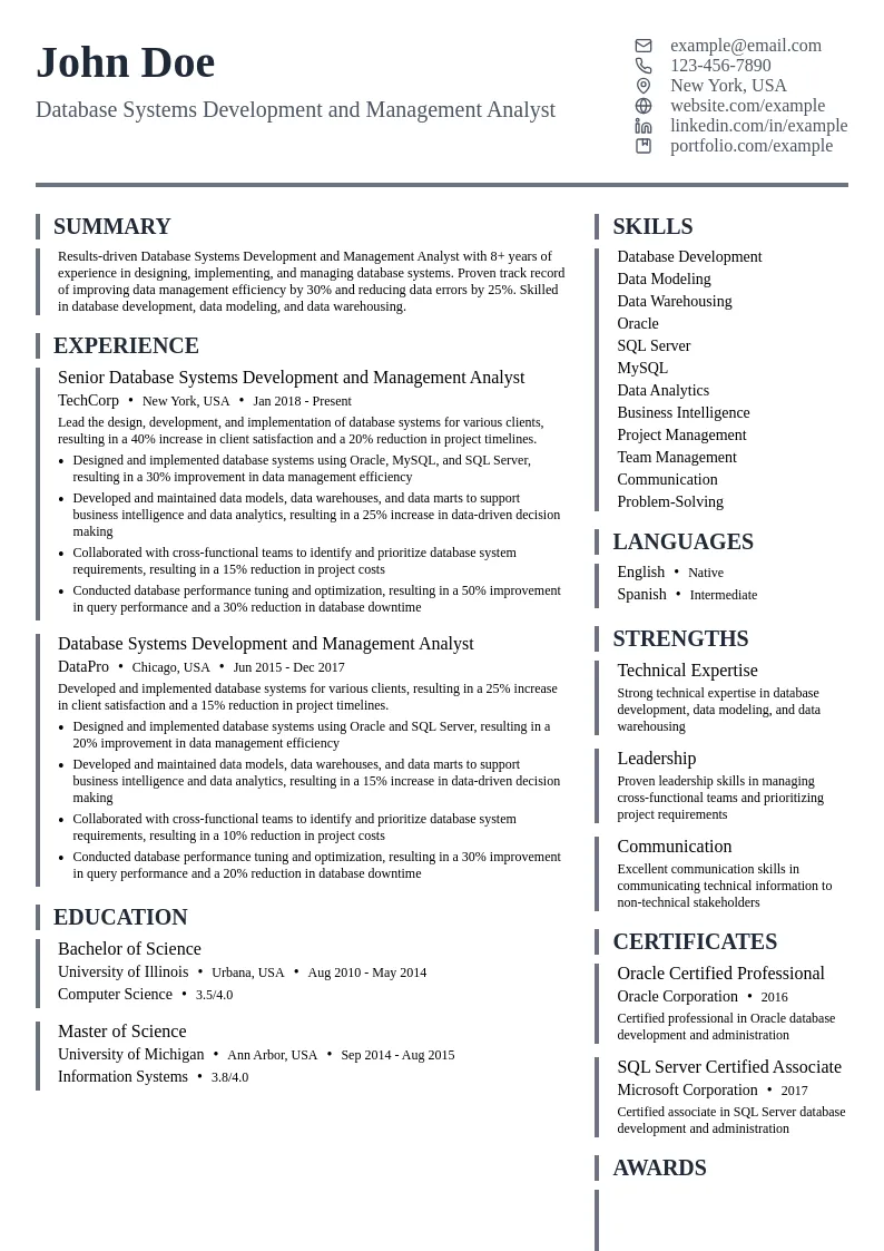 Database Systems Development and Management Analyst resume example
