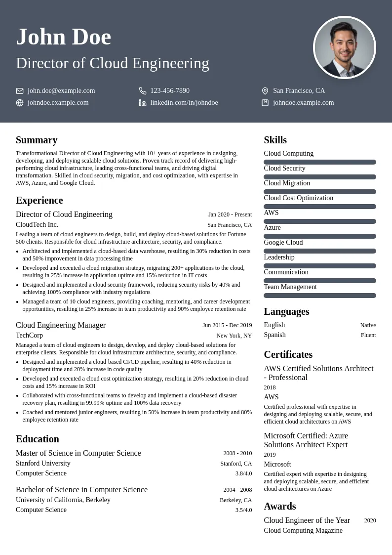 Director of Cloud Engineering resume example