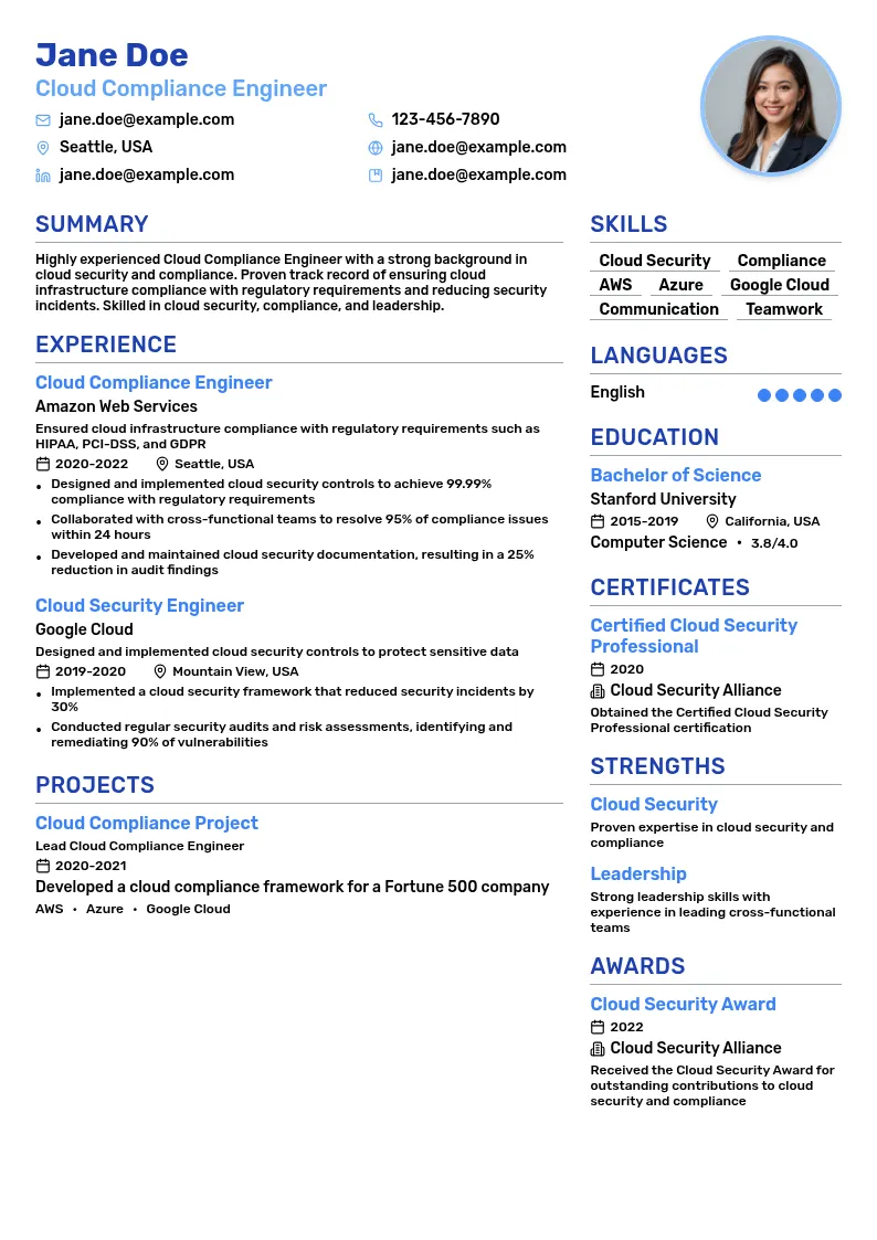 Cloud Compliance Engineering resume example