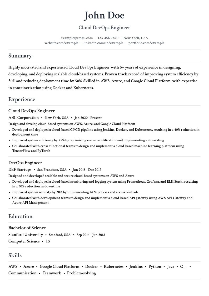Cloud DevOps Engineering resume example