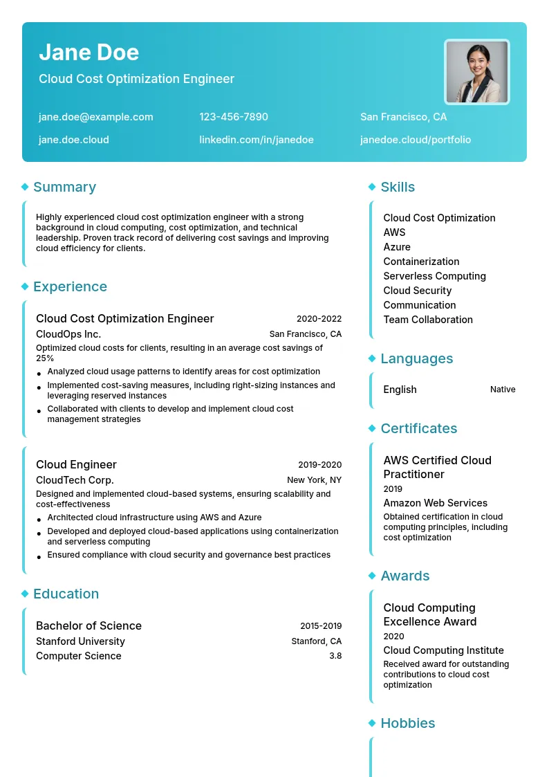 Cloud Cost Optimization Engineering resume example