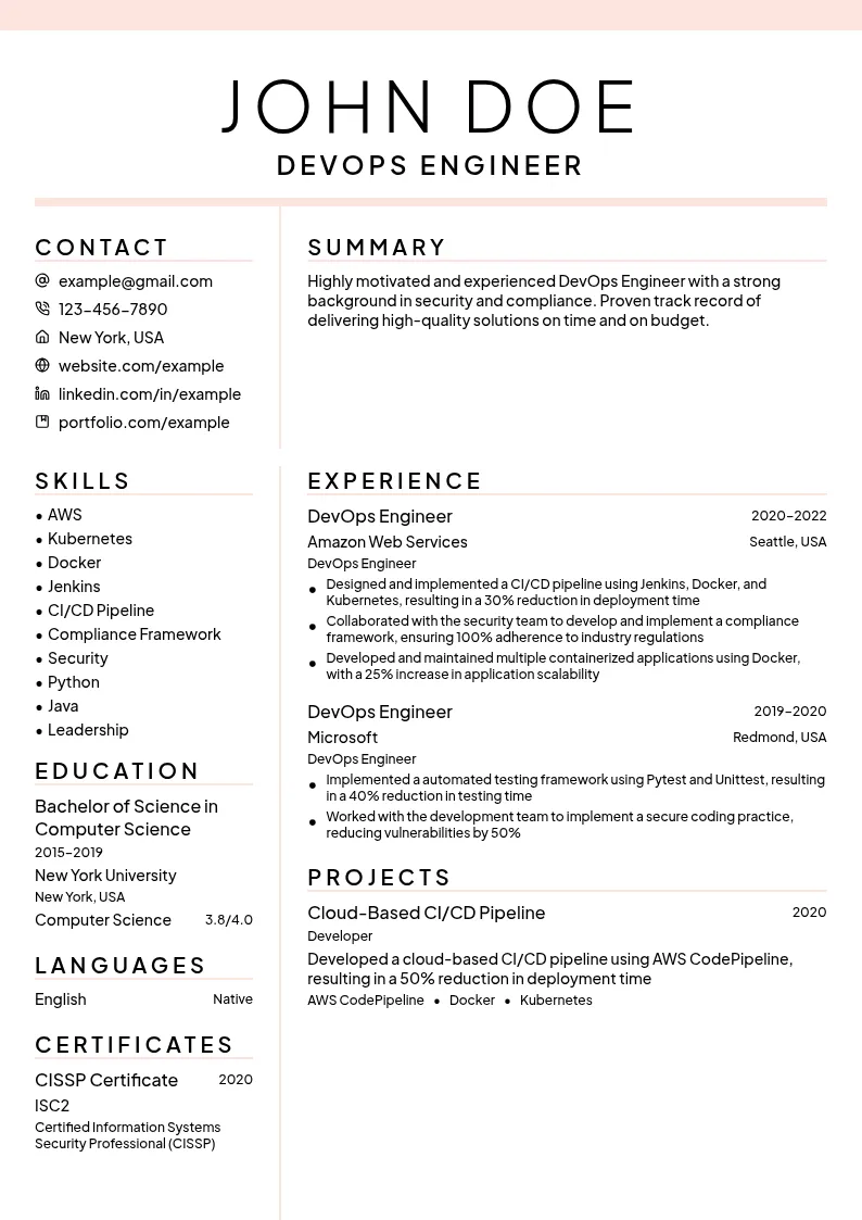 DevOps Engineer (Security and Compliance) resume example