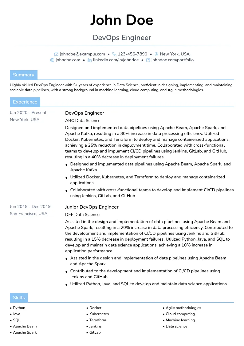 DevOps Engineer (Data Science) resume example