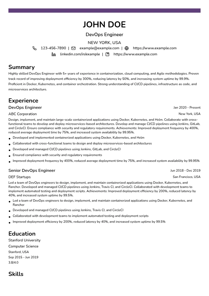 DevOps Engineer (Containerization) resume example