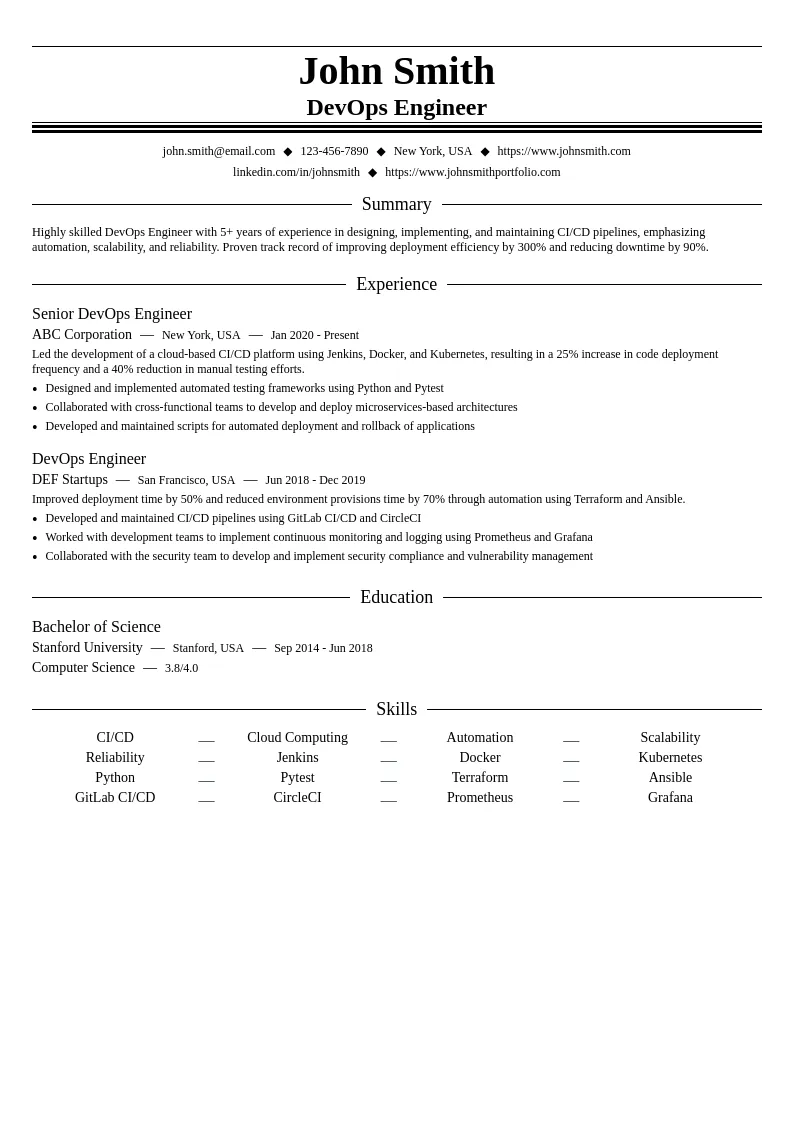 DevOps Engineer (CI/CD) resume example