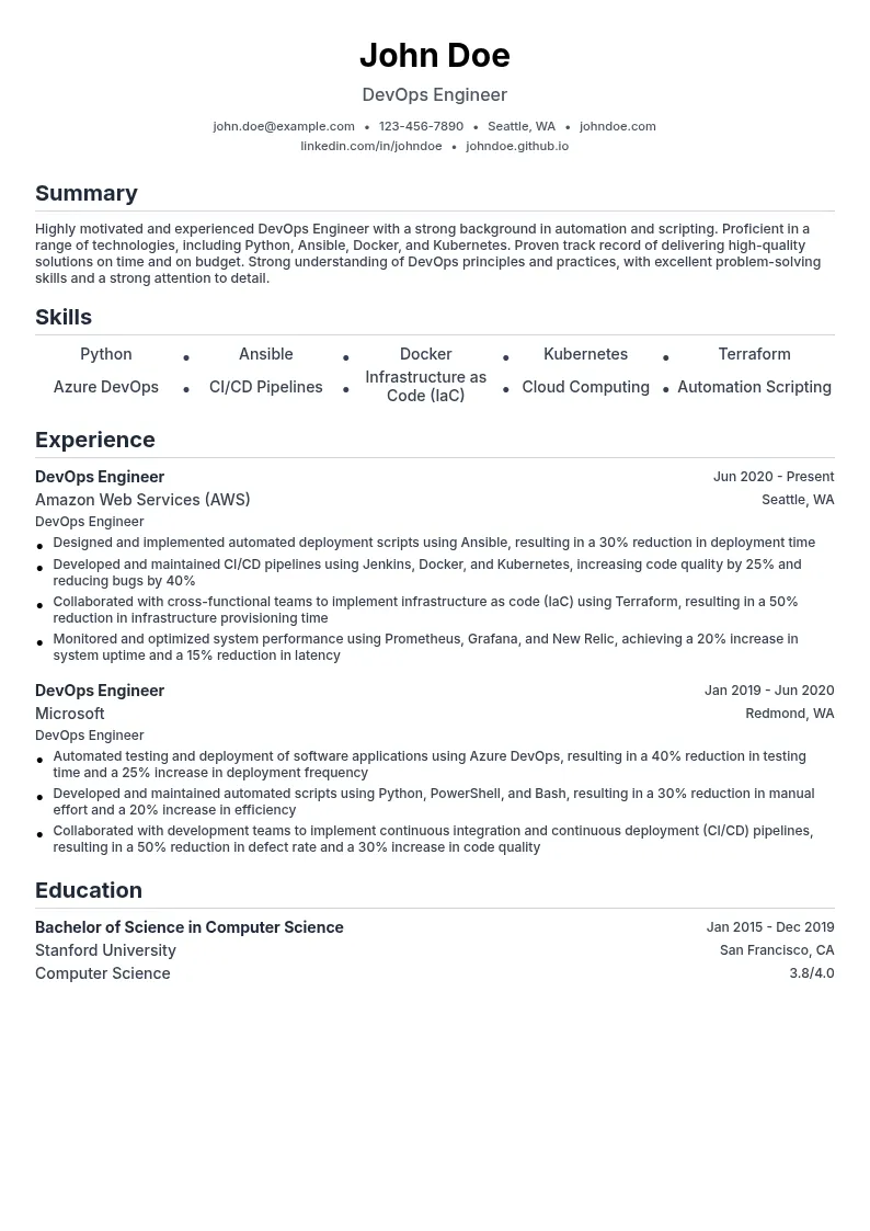 DevOps Engineer (Automation and Scripting) resume example