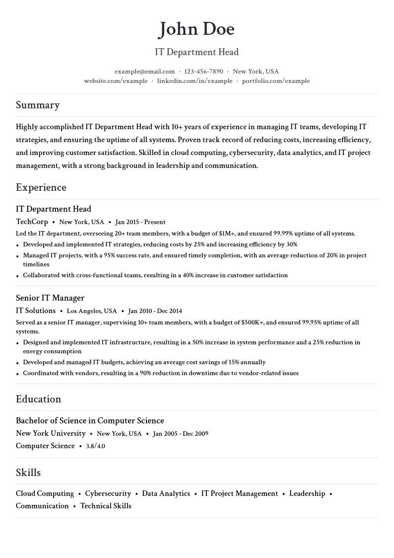 IT Department Head resume example
