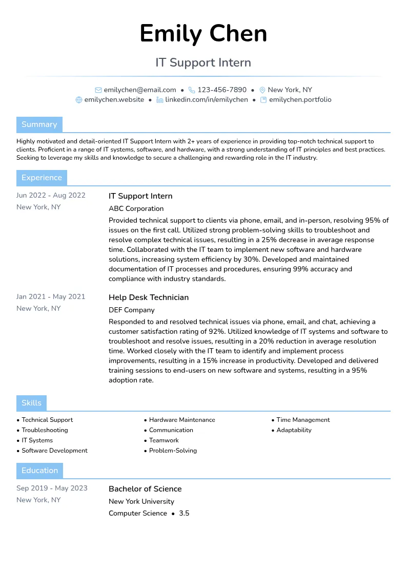 Intern - IT Support resume example