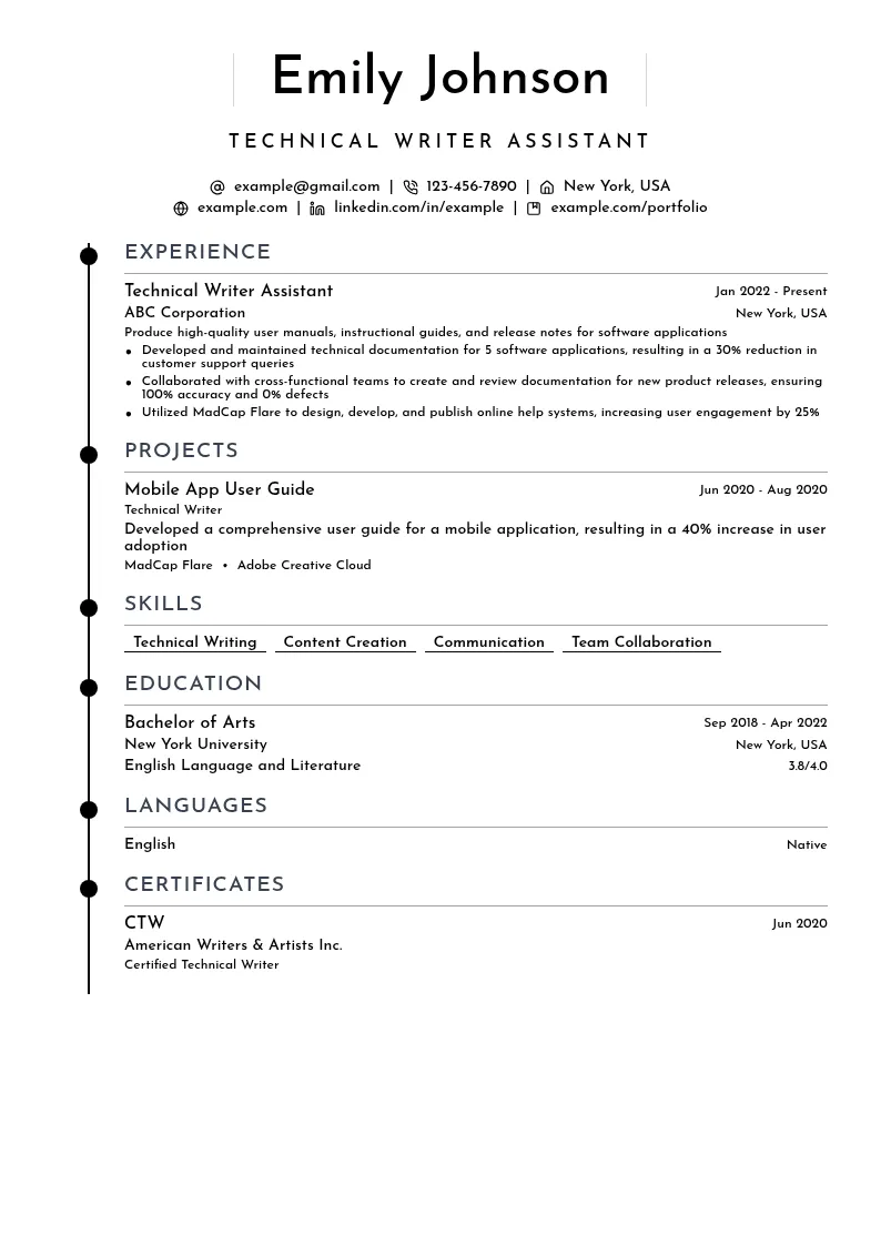 Technical Writer Assistant resume example