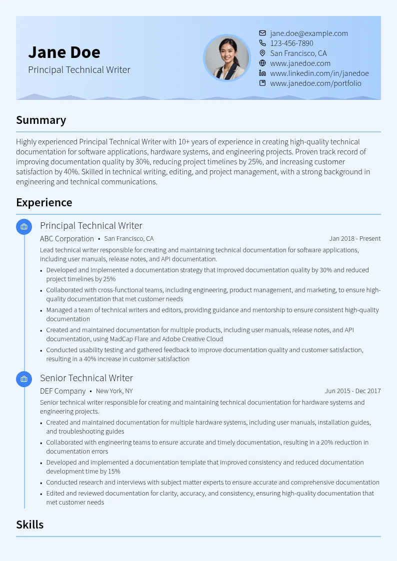 Principal Technical Writer resume example