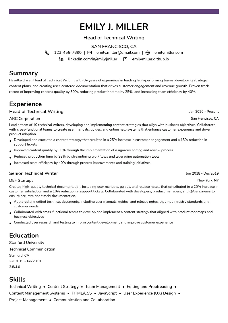 Head of Technical Writing resume example