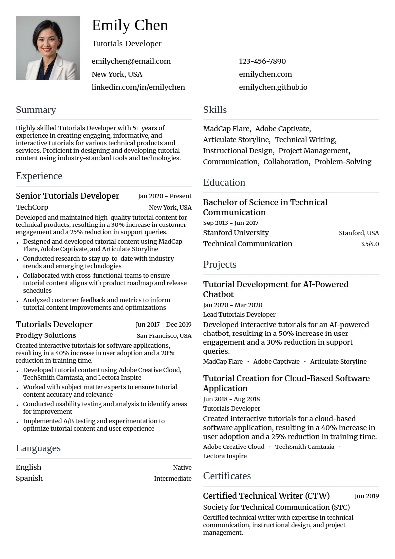 Tutorials Developer resume example