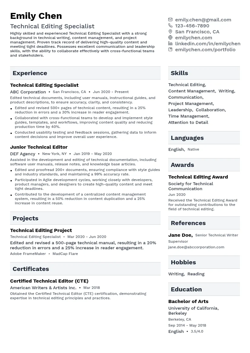Technical Editing Specialist resume example