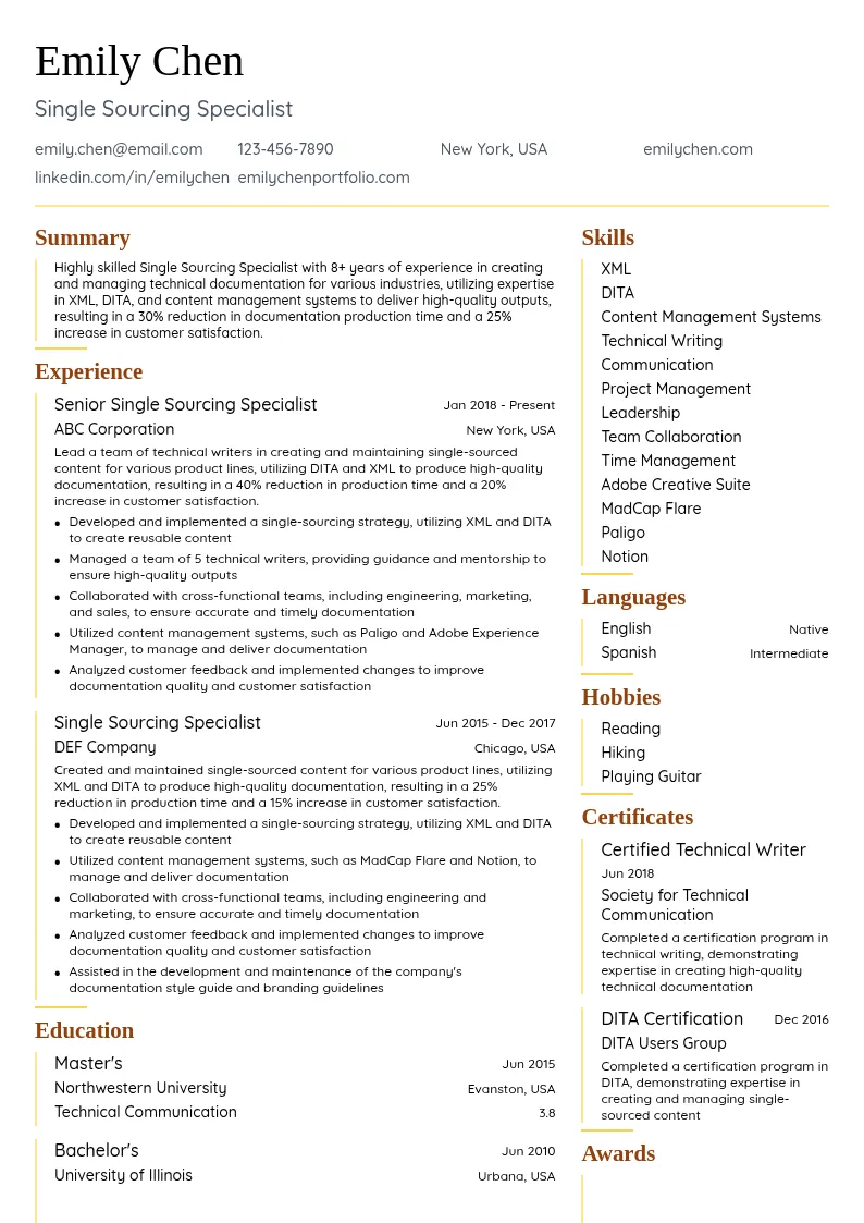 Single Sourcing Specialist resume example