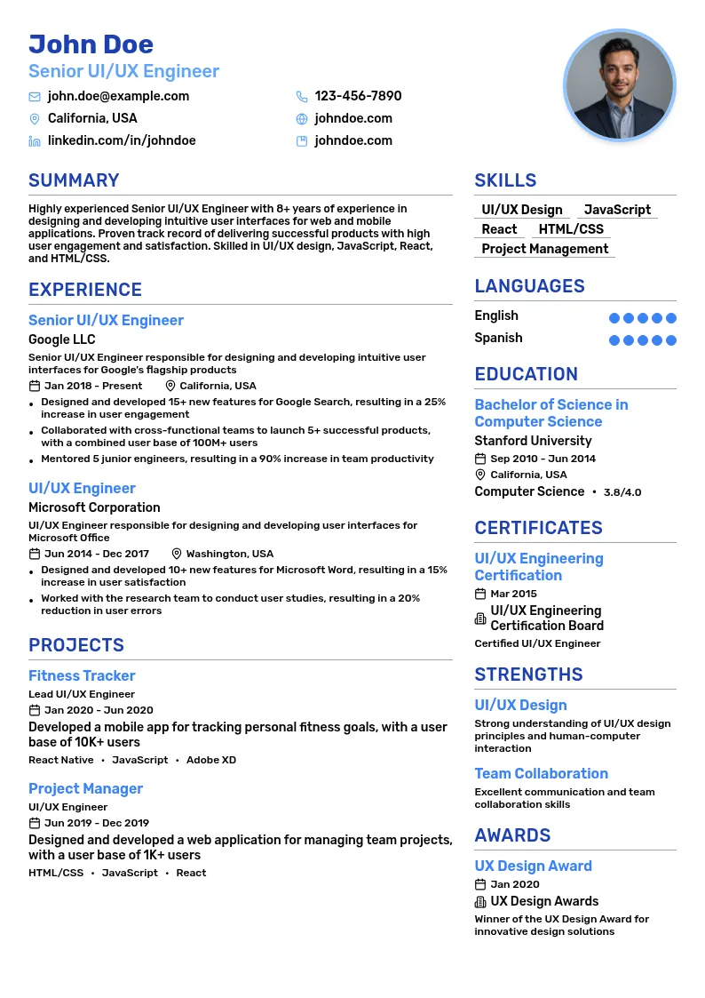 Senior UI/UX Engineer resume example
