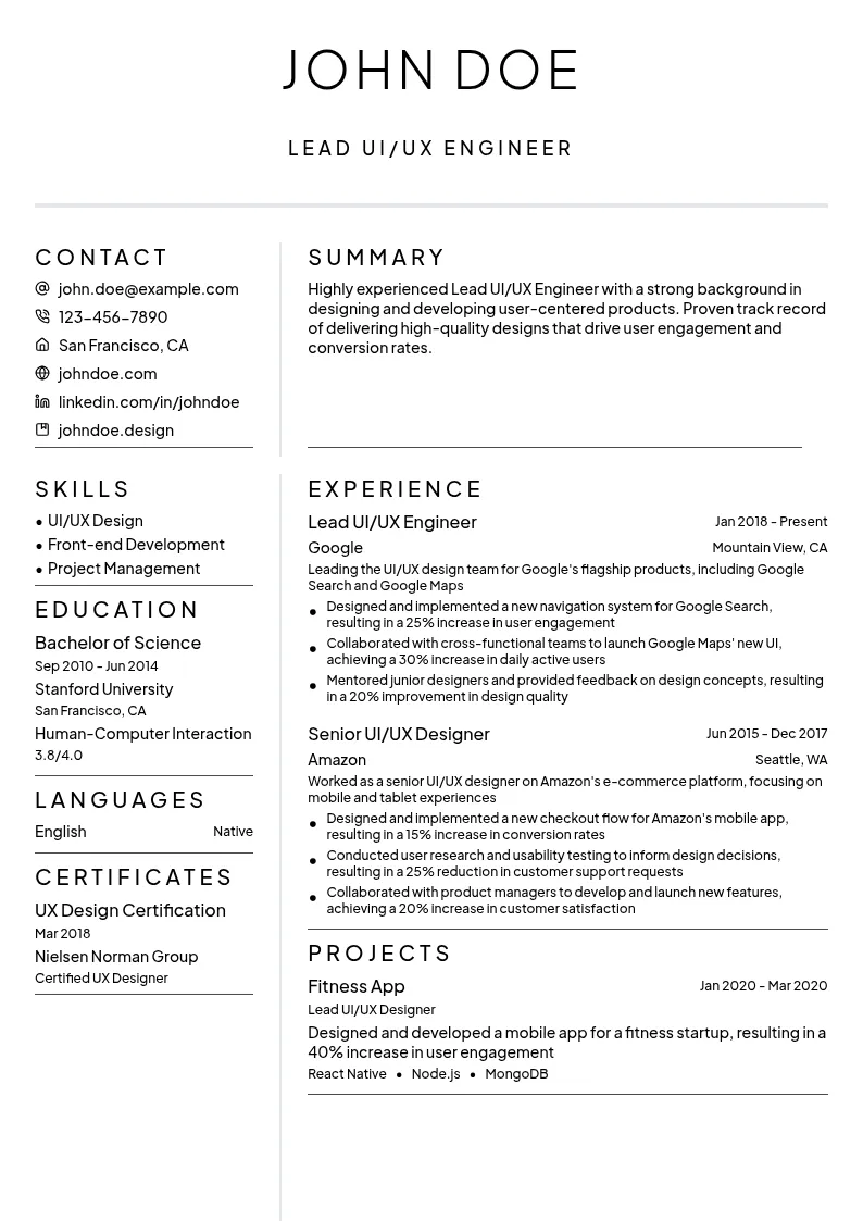 Lead UI/UX Engineer resume example